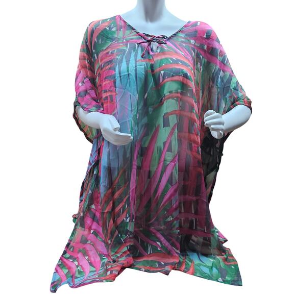 One Size Tropical Leaves Kimono Shear Beach Suit Cover-up Lace Up Neck Party - Picture 1 of 6